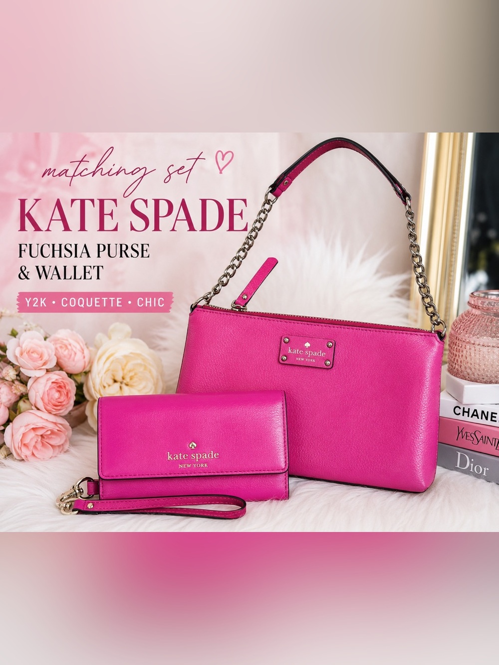 Kate Spade Fuchsia Pink Matching Purse & Wallet Set Y2K Coquette Barbiecore